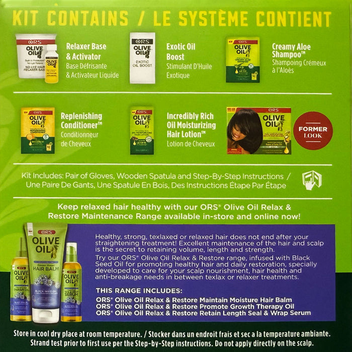 ORS olive oil hair relaxer kit including relaxer base, exotic oil, creamy aloe shampoo, conditioner, and moisturizing hair lotion