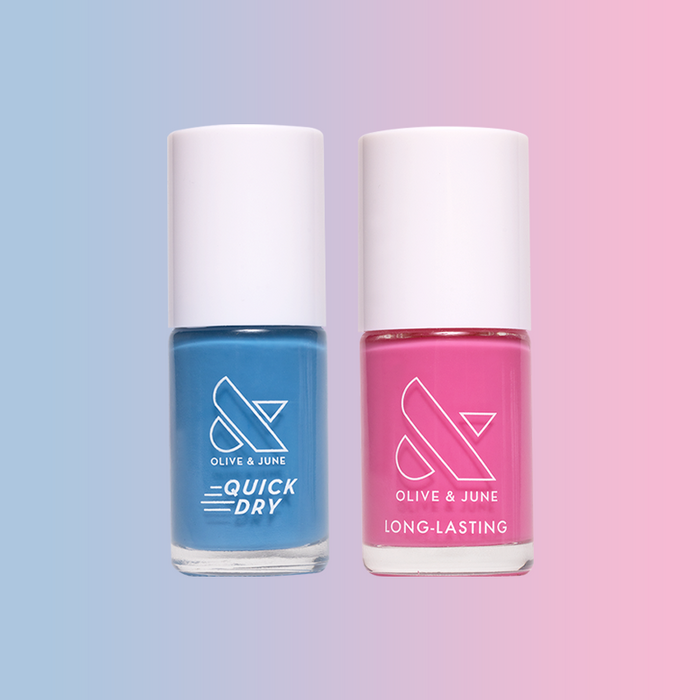 OYC Polish Duo showing blue quick dry and pink long-lasting gel polish bottles on blue and pink background