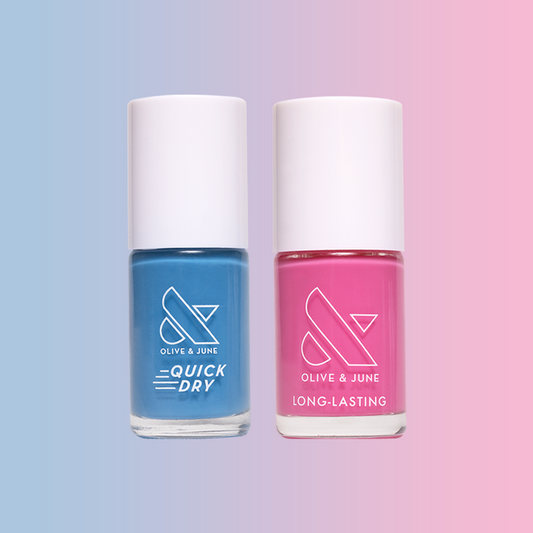 OYC Polish Duo showing blue quick dry and pink long-lasting gel polish bottles on blue and pink background