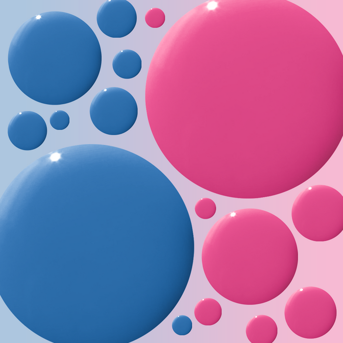 OYC Polish Duo with glossy blue and pink gel polish drops on soft blue and pink gradient background