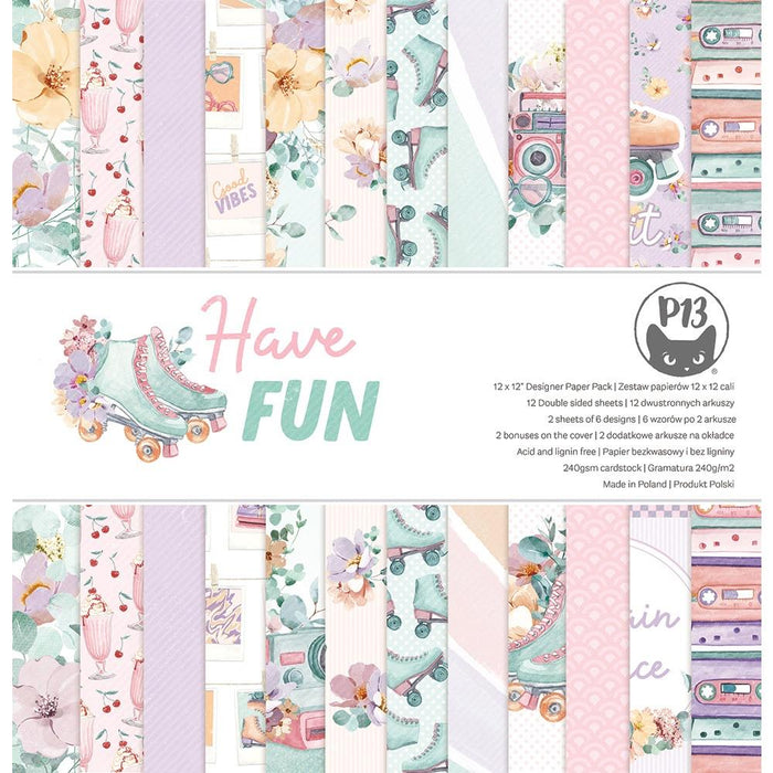 P13 - Double-Sided Paper Pad 12X12 - 12/Pkg - Have Fun. The perfect start to all your paper crafting projects! This package contains twelve 12x12 inch double-sided sheets in six different designs, plus two additional designs on the covers.  Available at Embellish Away Located in Bowmanville Ontario Canada.