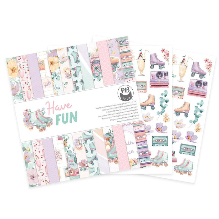 P13 - Double-Sided Paper Pad 12X12 - 12/Pkg - Have Fun. The perfect start to all your paper crafting projects! This package contains twelve 12x12 inch double-sided sheets in six different designs, plus two additional designs on the covers.  Available at Embellish Away Located in Bowmanville Ontario Canada.