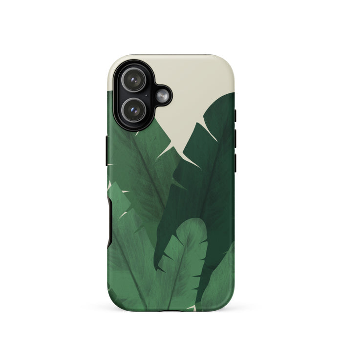 Phone case with green leaf pattern on a white background