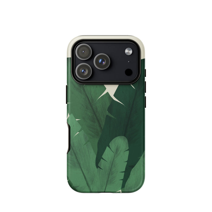 Phone case with green leaf pattern on a white background