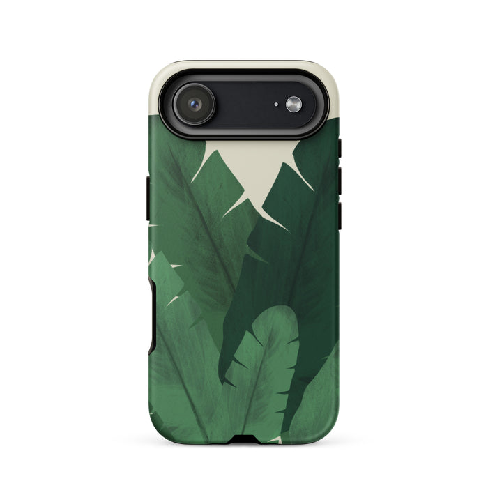Phone case with green leaf pattern on a white background