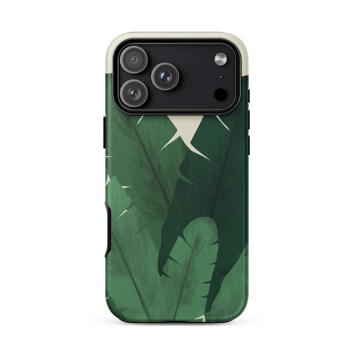Phone case with green leaf pattern on a white background