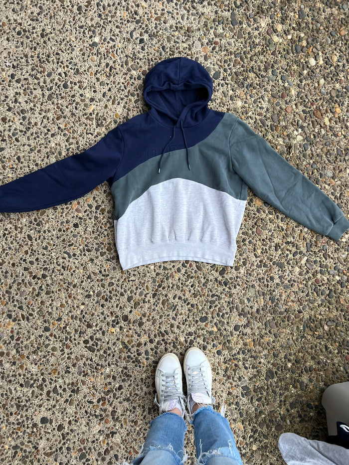 patchwork hoodie green blue grey