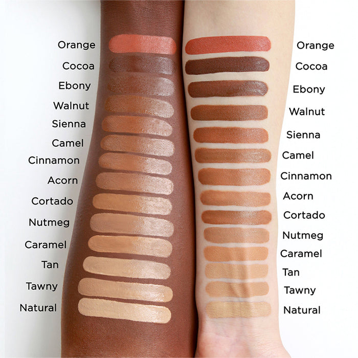 Nicka K full coverage makeup concealer shade swatches on light and dark arms showing 14 shades