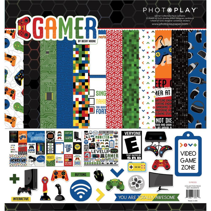 PhotoPlay - Collection Pack 12"X12" - Gamer. This collection pack contains twelve sheets of 12x12 inch double-sided 65# cardstock (two each of six designs) and one 12x12 cardstock sticker sheet. Acid and lignin free. Made in the USA. Available at Embellish Away located in Bowmanville Ontario Canada.