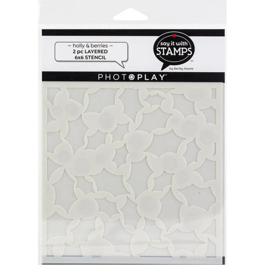 PhotoPlay - Say It With Stamps - Stencils -6" 2/Pkg - Holly & Berries. Available at Embellish Away located in Bowmanville Ontario Canada