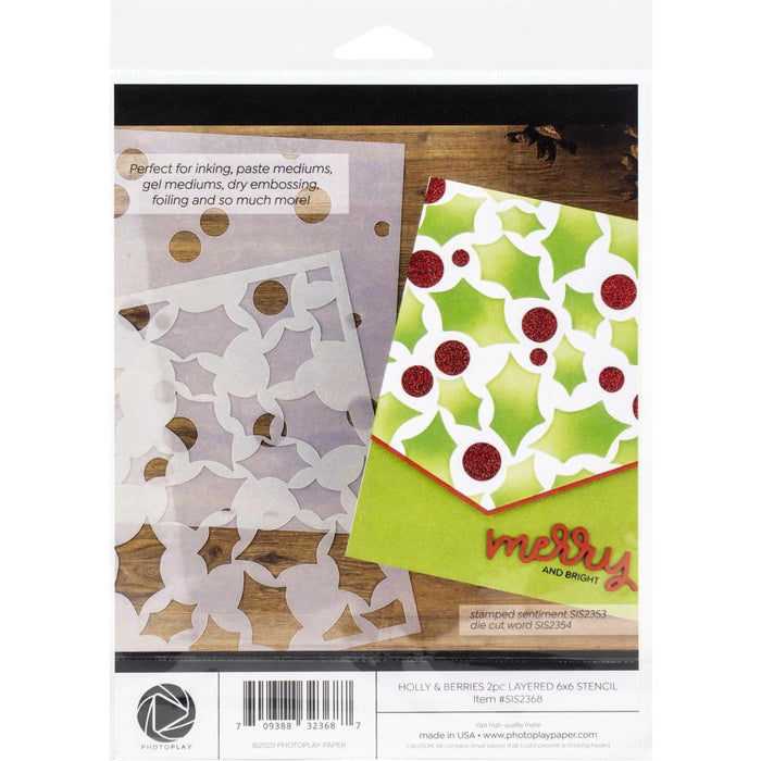 PhotoPlay - Say It With Stamps - Stencils -6" 2/Pkg - Holly & Berries. Available at Embellish Away located in Bowmanville Ontario Canada