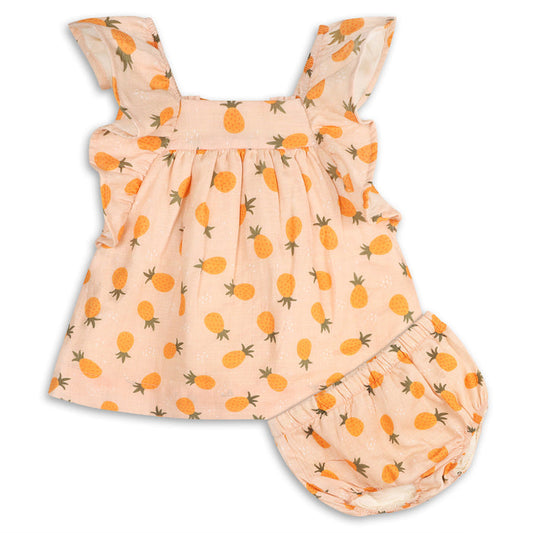 Pineapple Ruffle Sleeve Baby Dress + Bloomer (Organic Muslin)