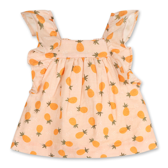 Pineapple Ruffle Sleeve Baby Dress + Bloomer (Organic Muslin)