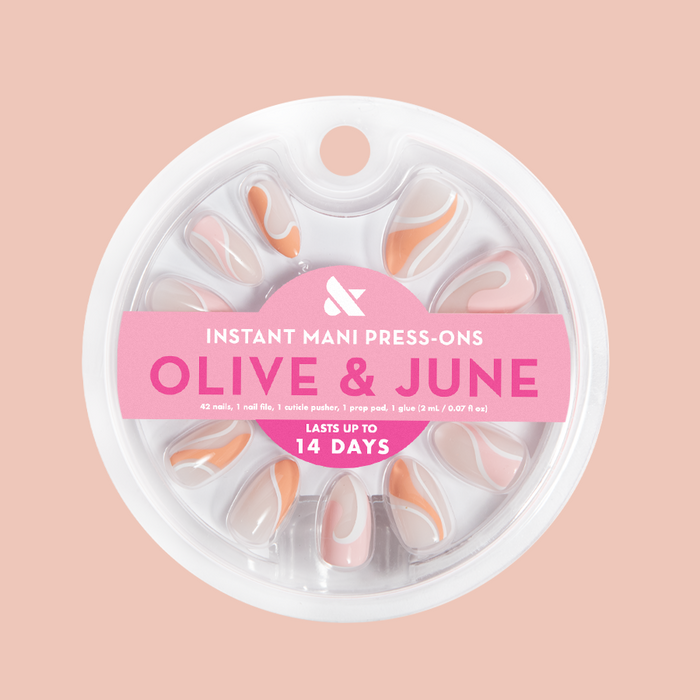Pink Swirl Mixed Pack - Press-On | Medium | Almond with neutral base and soft pink swirl design for easy at-home mani