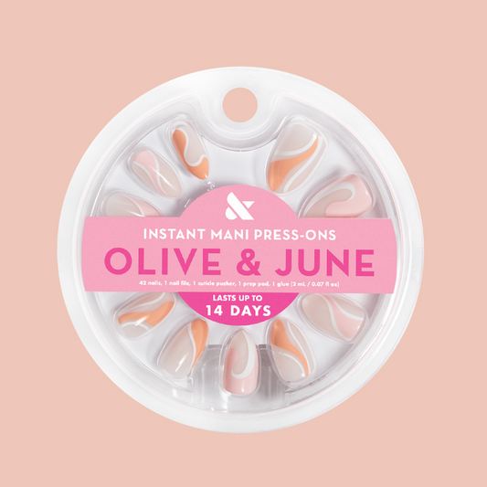 Pink Swirl Mixed Pack - Press-On | Medium | Almond with neutral base and soft pink swirl design for easy at-home mani