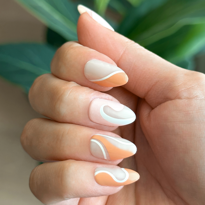 Pink Swirl Mixed Pack - Press-On | Medium | Almond with neutral base and soft peach and white swirl design for easy at-home mani