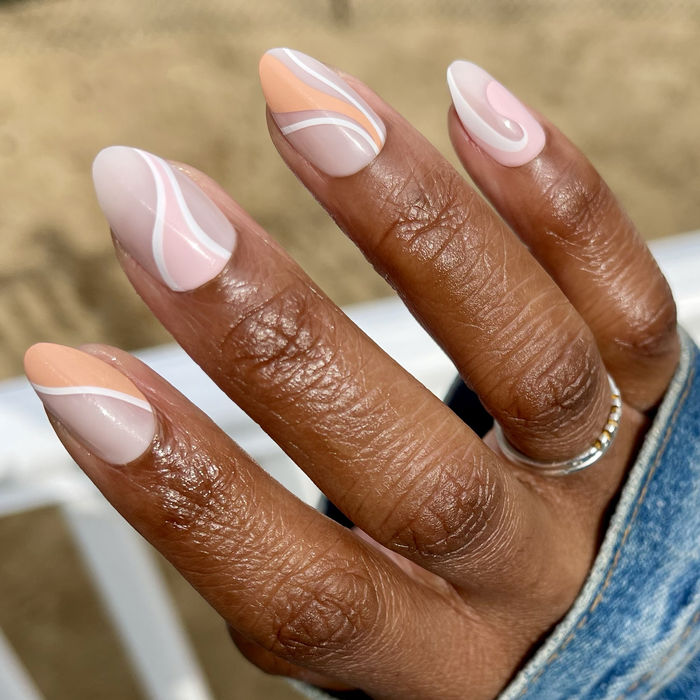 Pink Swirl Mixed Pack - Press-On | Medium | Almond with neutral and soft pink and peach swirls manicure design