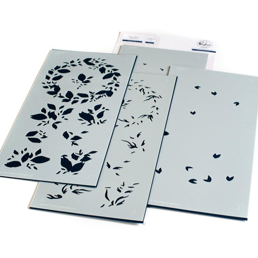 Pinkfresh Studio - Stencils 4"X9" - 4/Pkg - Indigo Vines Layering. 4 piece layering stencil designed by Simona Anghileri. There is a separate stencil for each layer, with guidelines on each stencil for perfect alignment every time. Approximate measurement: 4 x 9 inches. Imported. Available at Embellish Away located in Bowmanville Ontario Canada.