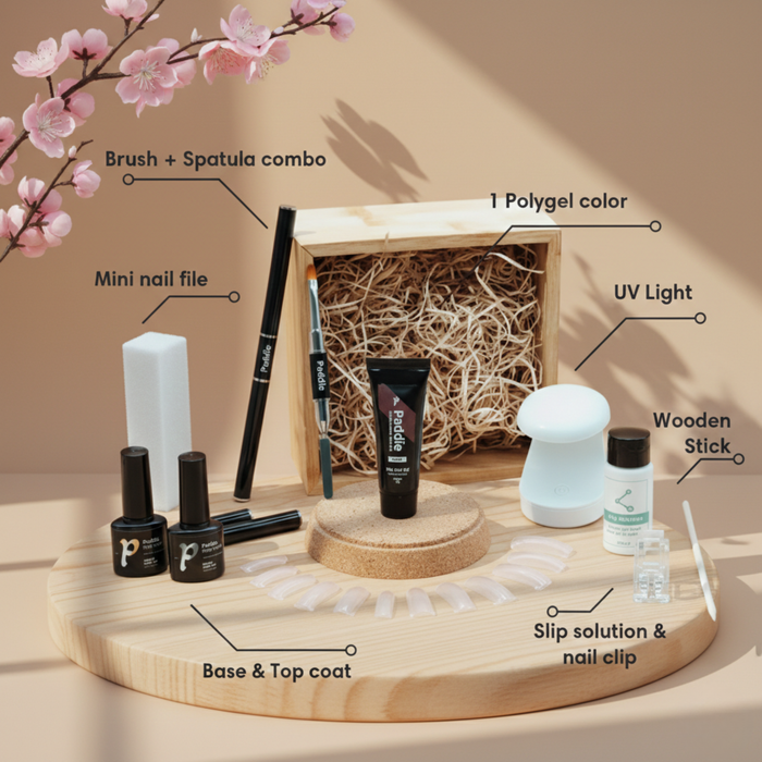 Paddie polygel nail kit contents: gel, UV light, brush, nail file, base and top coat, slip solution, wooden stick