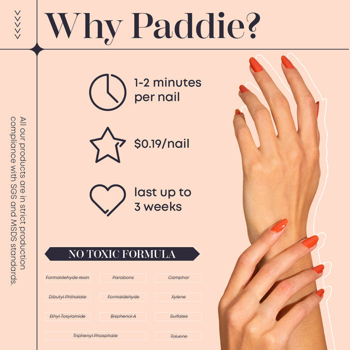 Why choose Paddie polygel: salon-quality nails at home in 15 minutes. Paddie’s Polygel Starter Kit offers -  application in under 1-2 minutes per nail, costs only $0.19 per nail, lasts up to 3 weeks, and contains no harmful chemicals.