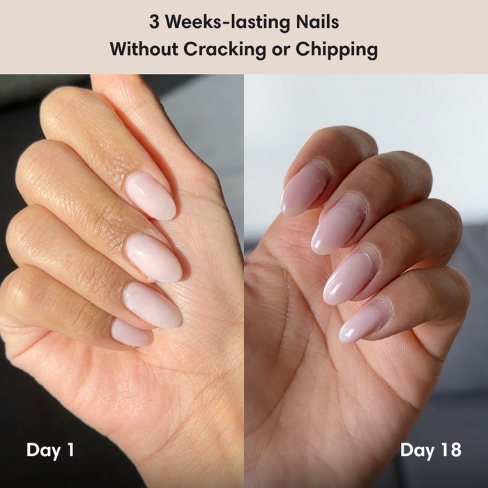 Salon-quality polygel nails at home using Paddie starter kit. Side-by-side comparison of a nail treated with the polygel starter kit, showcasing day 1 and day 18 results. Text overlay promises long-lasting nails for up to 3 weeks without cracks or chips.