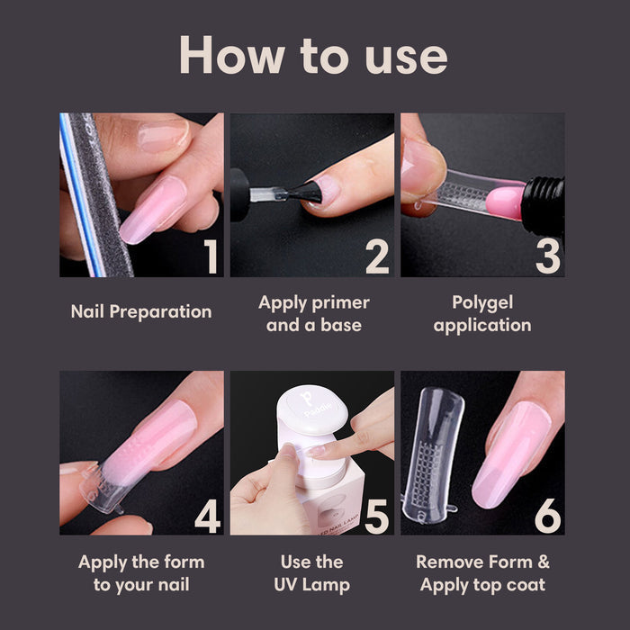 How to apply polygel nails at home – Paddie kit tutorial. To use Polygel, start with Nail preparation. Apply a base coat on the natural nail. Choose the perfect dual forms for your nails. Apply polygel + cure for 90 seconds. File to the preferred shape. Apply a top coat. Cure for 90 seconds
