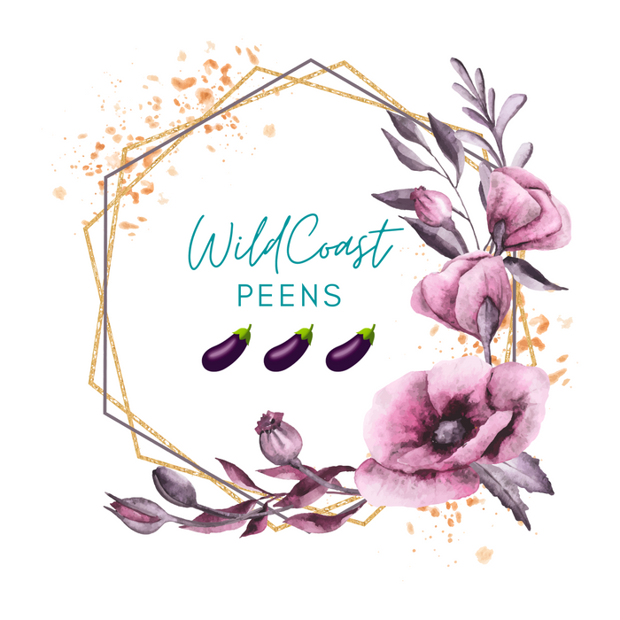 The image features a whimsical and artistic representation of preserved flower penises, combining delicate floral elements with an playful arrangement. The design includes soft pink and purple flowers, playful depictions of penises, and is framed with a geometric pattern, enhancing its aesthetic appeal.