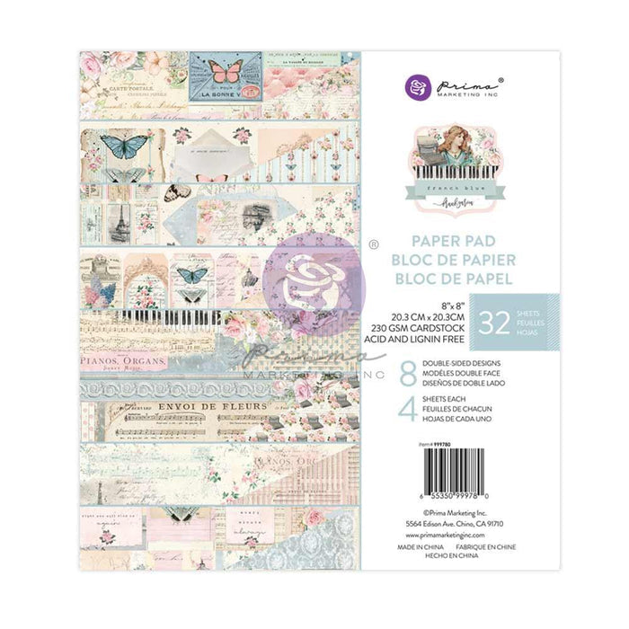 Prima Marketing - Double-Sided Paper Pad 8"X8" 32/Pkg - French Blue. A sweet melody, a vintage poem on a worn piece of paper, an endearing note handwritten into a journal. Available at Embellish Away located in Bowmanville Ontario Canada.