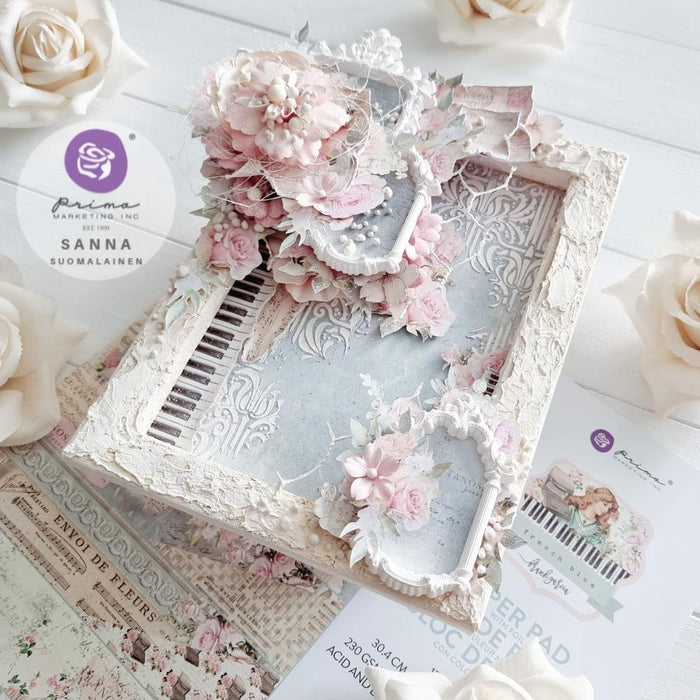 Prima Marketing - Double-Sided Paper Pad 8"X8" 32/Pkg - French Blue. A sweet melody, a vintage poem on a worn piece of paper, an endearing note handwritten into a journal. Available at Embellish Away located in Bowmanville Ontario Canada. Example by brand ambassador.