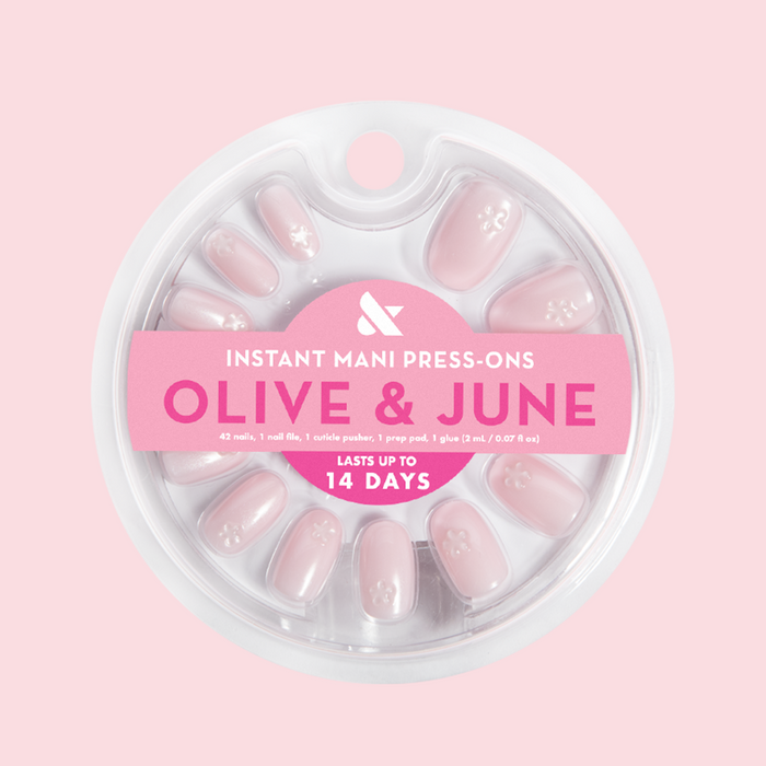 Puffy Floral Metallic - Press-On | Short | Round featuring shimmery pink nails with 3D translucent puffy flower accents for easy mani