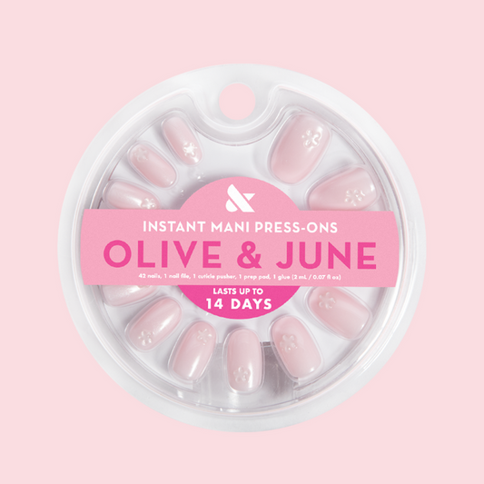 Puffy Floral Metallic - Press-On | Short | Round featuring shimmery pink nails with 3D translucent puffy flower accents for easy mani