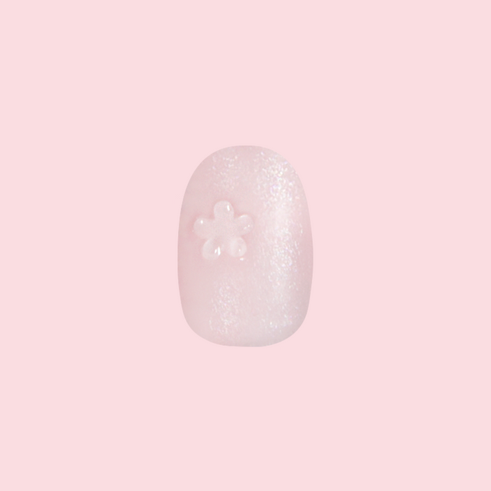 Puffy Floral Metallic - Press-On | Short | Round with shimmering pink polish and delicate 3D translucent flower detail for easy mani