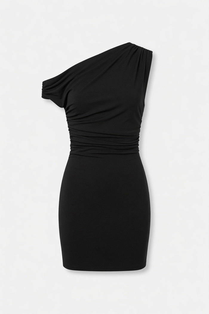 A black one-shoulder bodycon mini dress with a ruched waist, shown on a clean white background.
