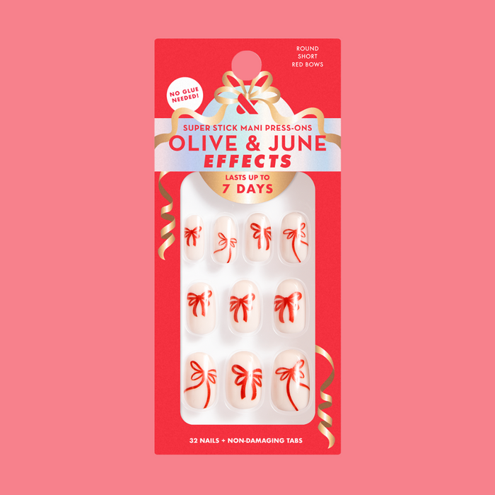 Red Chrome Bows - Tab Press-On | Short | Round