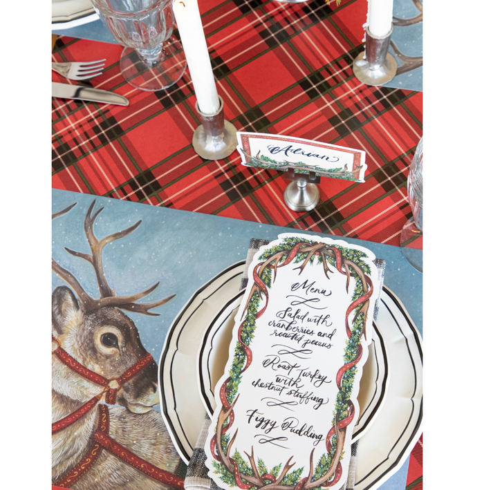 red plaid: paper table runner