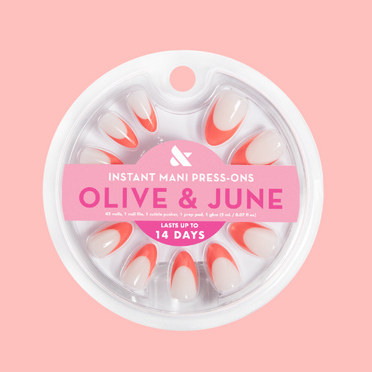 Ride Into The Sunset French - Press-On | Medium | Almond sheer neutral nails with bright coral french tips for easy at-home mani