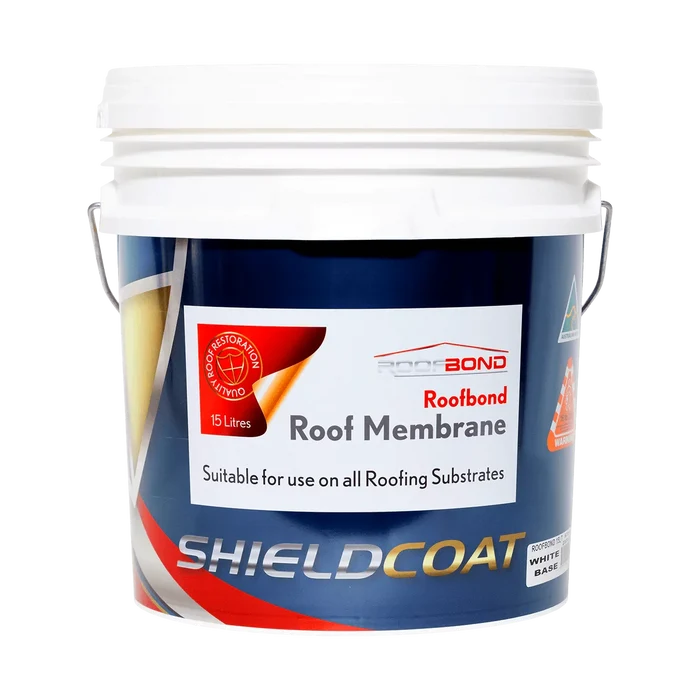 A bucket of Roofbond Roof Membrane with the label Shieldcoat visible. The product is designed for use on all roofing substrates and is formulated with a high-quality acrylic base for protection against the elements.