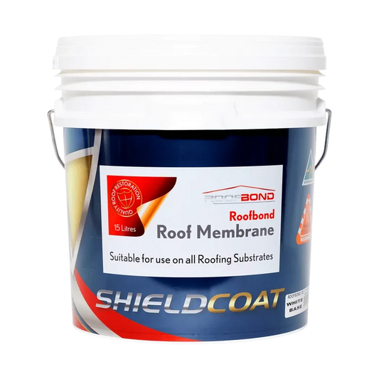 A bucket of Roofbond Roof Membrane with the label Shieldcoat visible. The product is designed for use on all roofing substrates and is formulated with a high-quality acrylic base for protection against the elements.