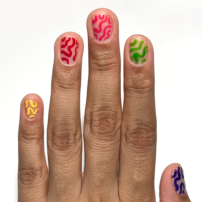 Royal Blue liner with multicolor squiggle nail art on a medium skin tone