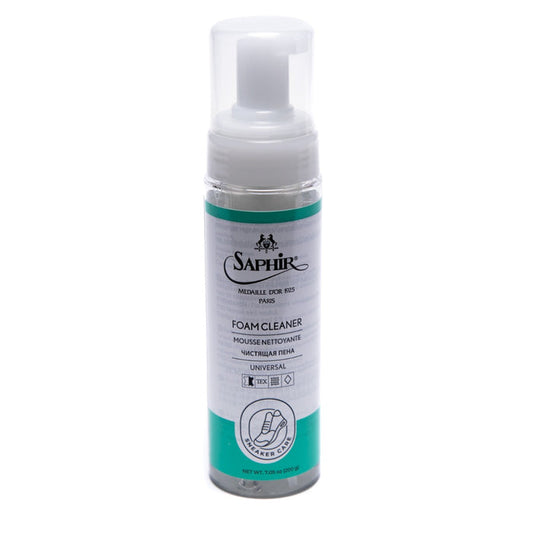 A bottle of KirbyAllison.com Saphir Sneaker Foam Cleaner - 200ml on a white background.
