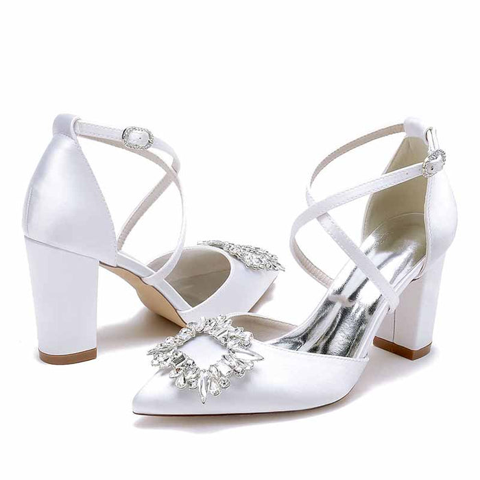 Satin block heel bridal shoes by S&DCo with decorative rhinestone embellishments and elegant cross straps
