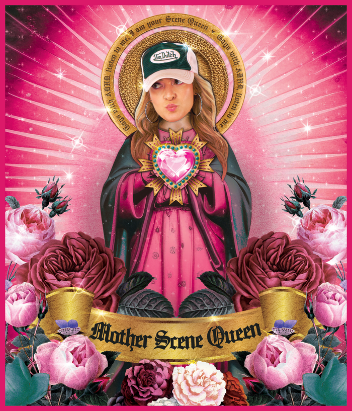 Scene Queen presents a limited edition digital artwork of a modern woman in a saint-like pose with a halo, trucker hat, pink rays, and flowers. A golden ribbon reads “Mother Scene Queen,” blending contemporary style and timeless iconography.