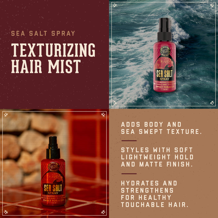 Sea Salt spray with texturizing hair mist, showing product on a beach background and countertop with benefits