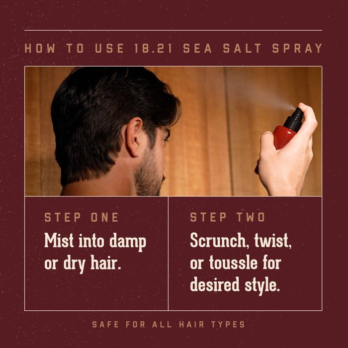 Instructions on how to use 18.21 Sea Salt Spray with a person misting hair spray.