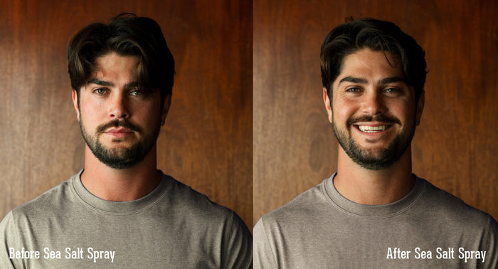 Before and after comparison of a man with sea salt spray on a wooden background
