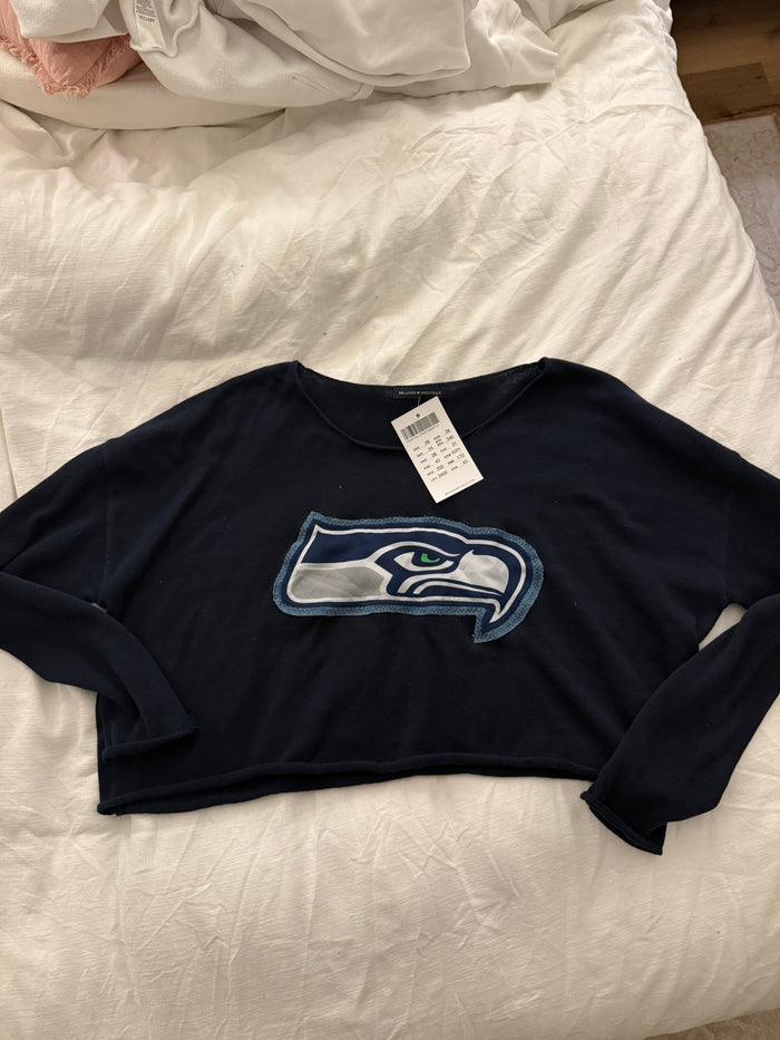 Navy blue hoodie with a logo