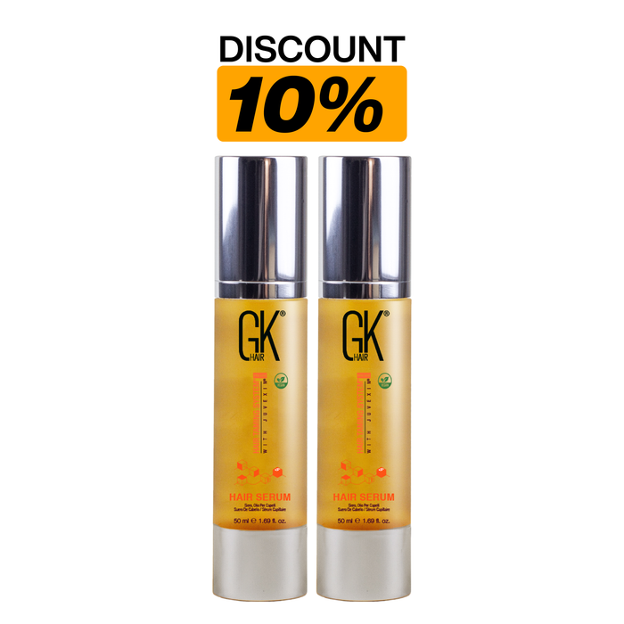 Discount 10% banner above two GK Hair Argan Oil Serum 50 ml gold bottles with silver caps on a white background