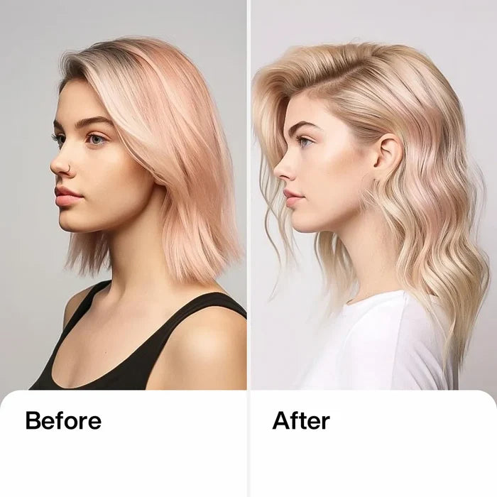 GK Hair Serum before and after in profile: flat dull rose-blonde bob, then glossy voluminous blonde waves