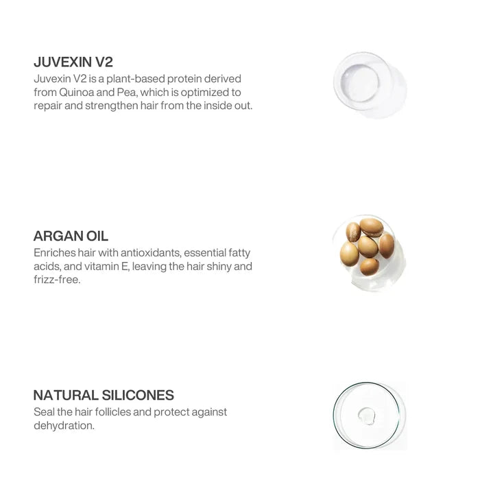 GK Hair Argan Oil Serum ingredient panel: Juvexin V2 quinoa-and-pea protein, argan oil and natural silicones in glass dishes
