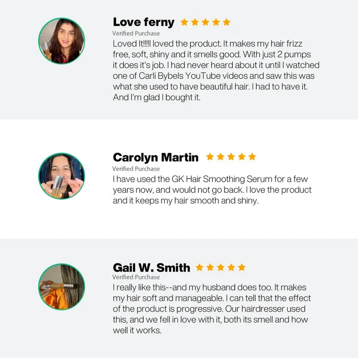 Three five-star verified reviews of GK Hair Argan Oil Serum praising frizz-free, soft, shiny, smooth hair and its scent